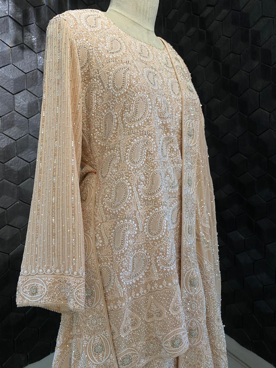 Peach Georgette Chikankari Sharara Set With Paisley Jaal