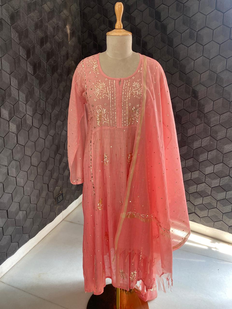 Pink Ombre Mul Chanderi A-Line Kurta Set