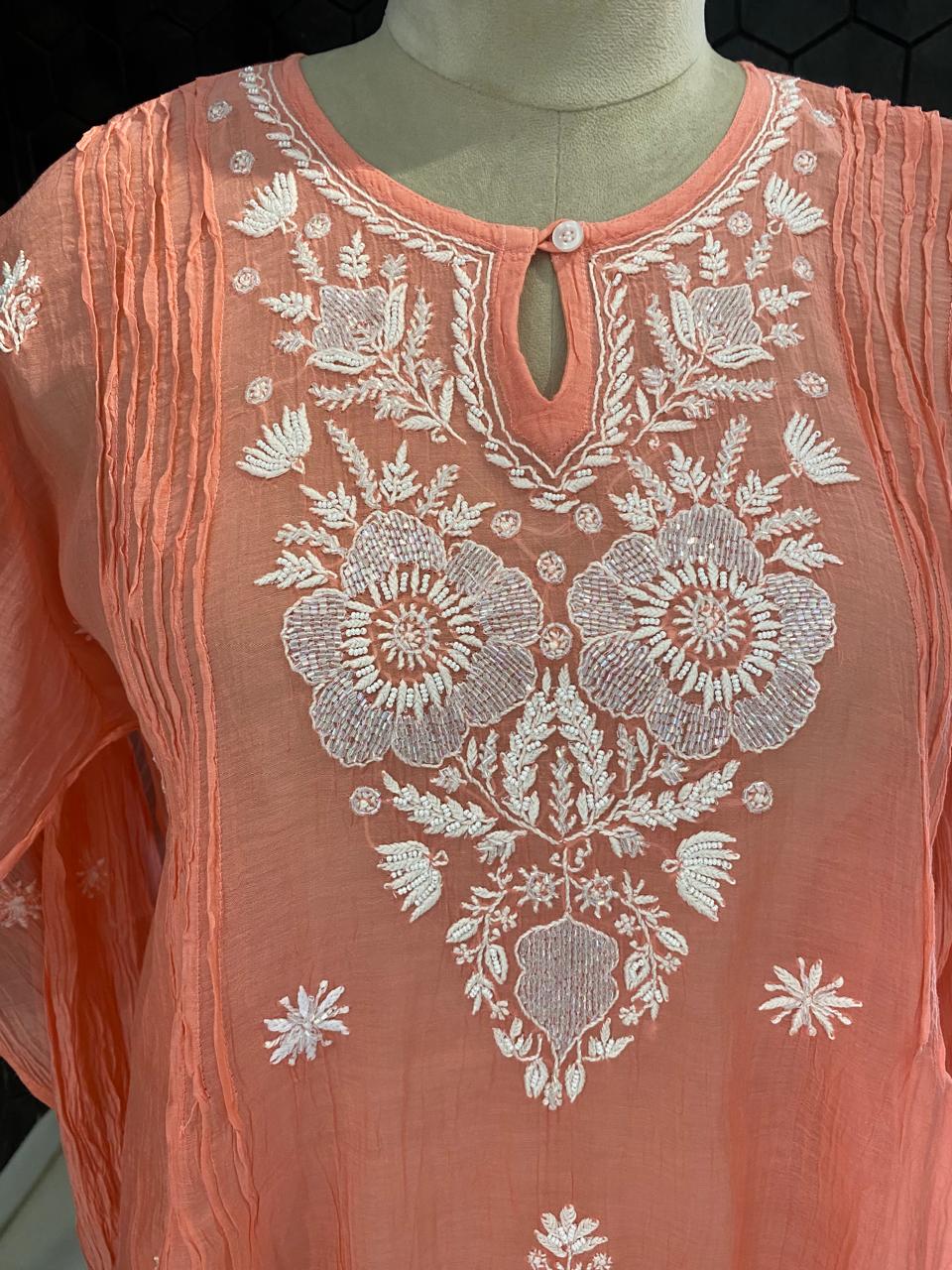 coral pink Mul Chanderi Chikankari Co-Ord Set