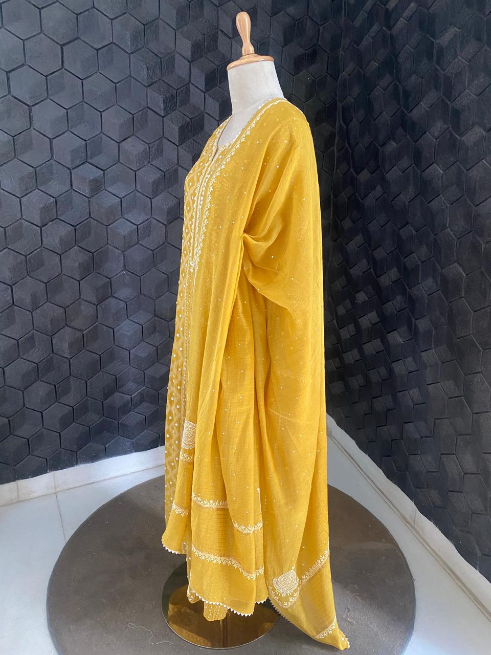 Mustard yellow Mul chanderi zari Box kasab anarkali suit