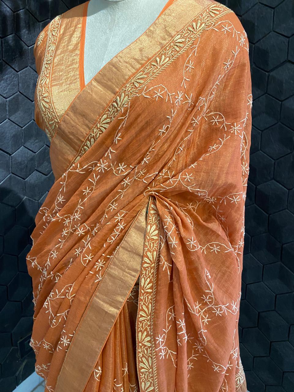 Rust Orange chikankari saree