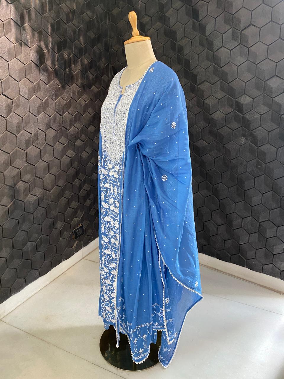 cobalt blue mul chanderi chikankari kurta set