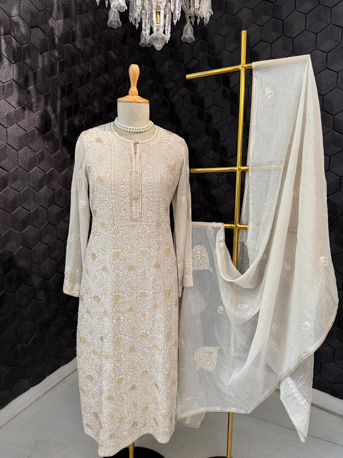 White Tissue Kasab Chikankari Kurta Set