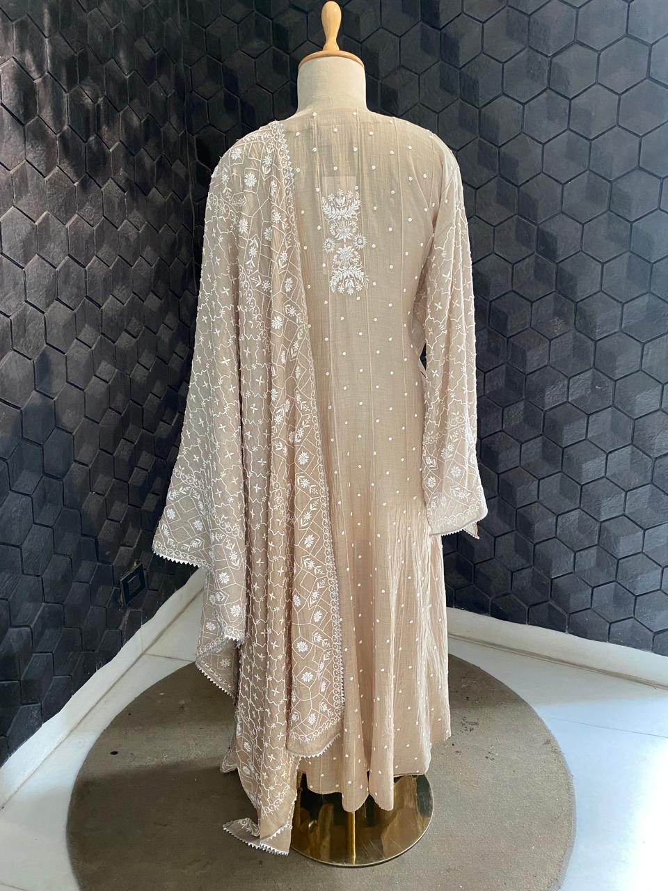 brown ombre mul chanderi chikankari anarkali kurta set