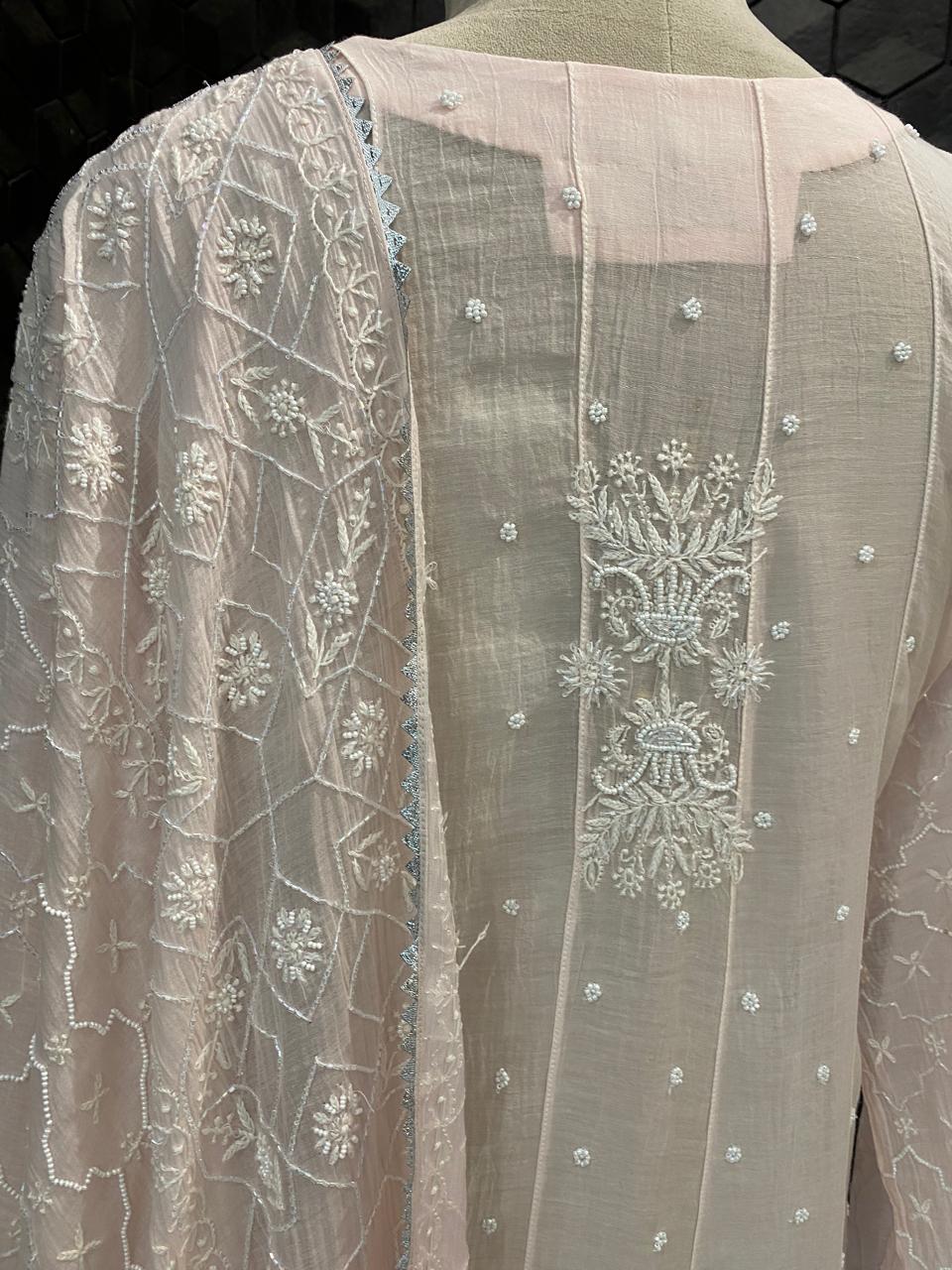 Pink mul chanderi chikankari Anarkali kurta set