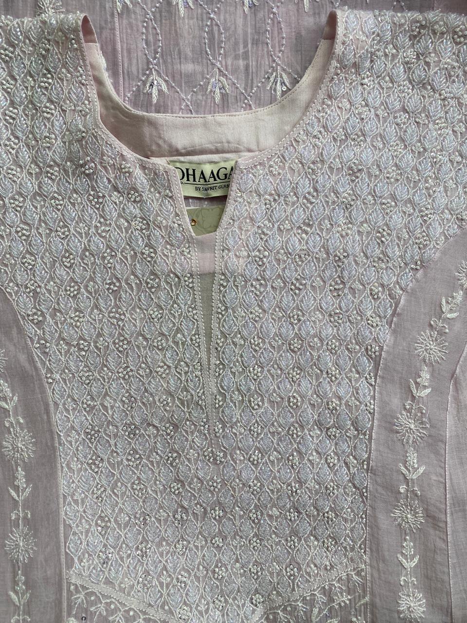 Lilac Panel Lotus Chikankari Mul Chanderi A-Line Kurta Set