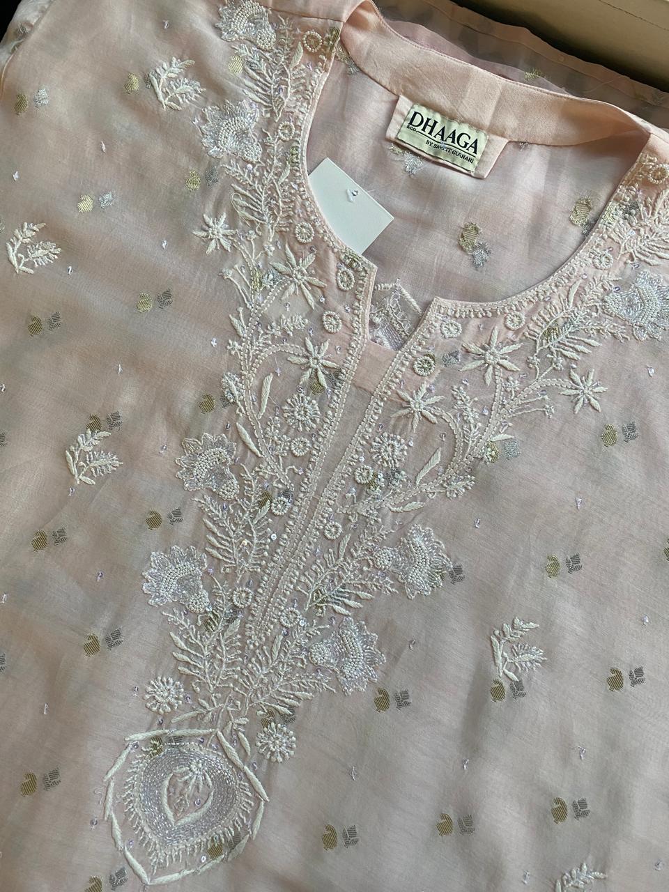 pink mul chanderi silver gold booti with chikankari kurta set