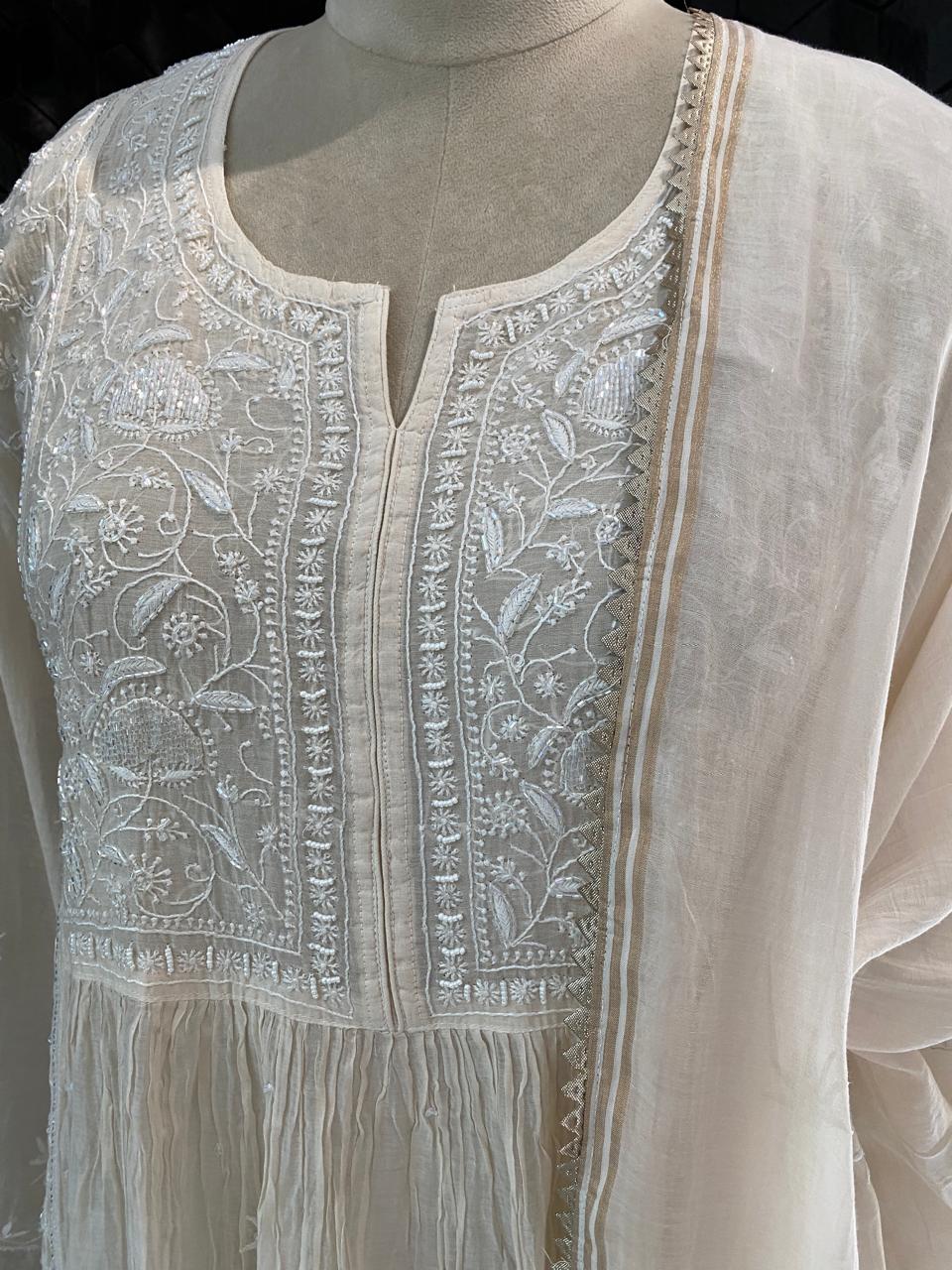 Beige Mul Chanderi Chikankari Kurta Set
