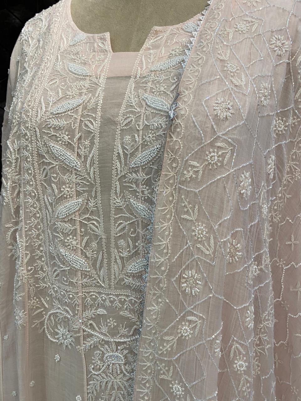 Pink mul chanderi chikankari Anarkali kurta set