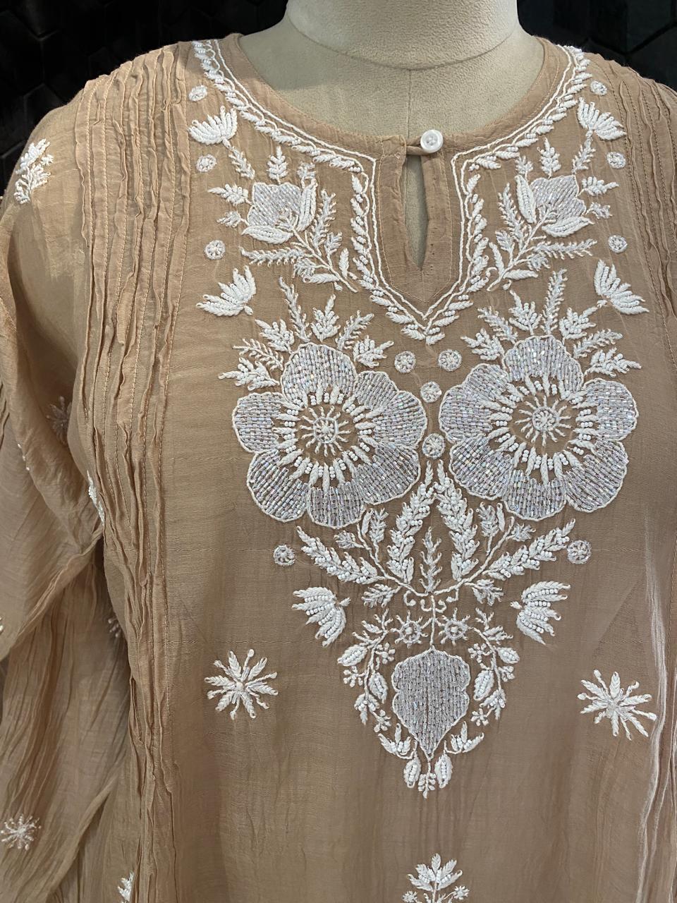 brown mul chanderi chikankari co-ord set