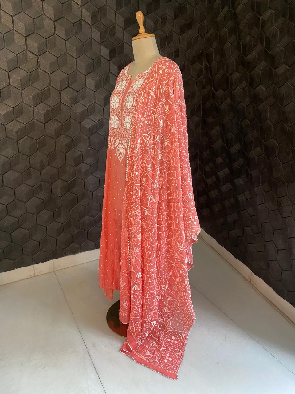 coral Pink mul chanderi chikankari kurta set