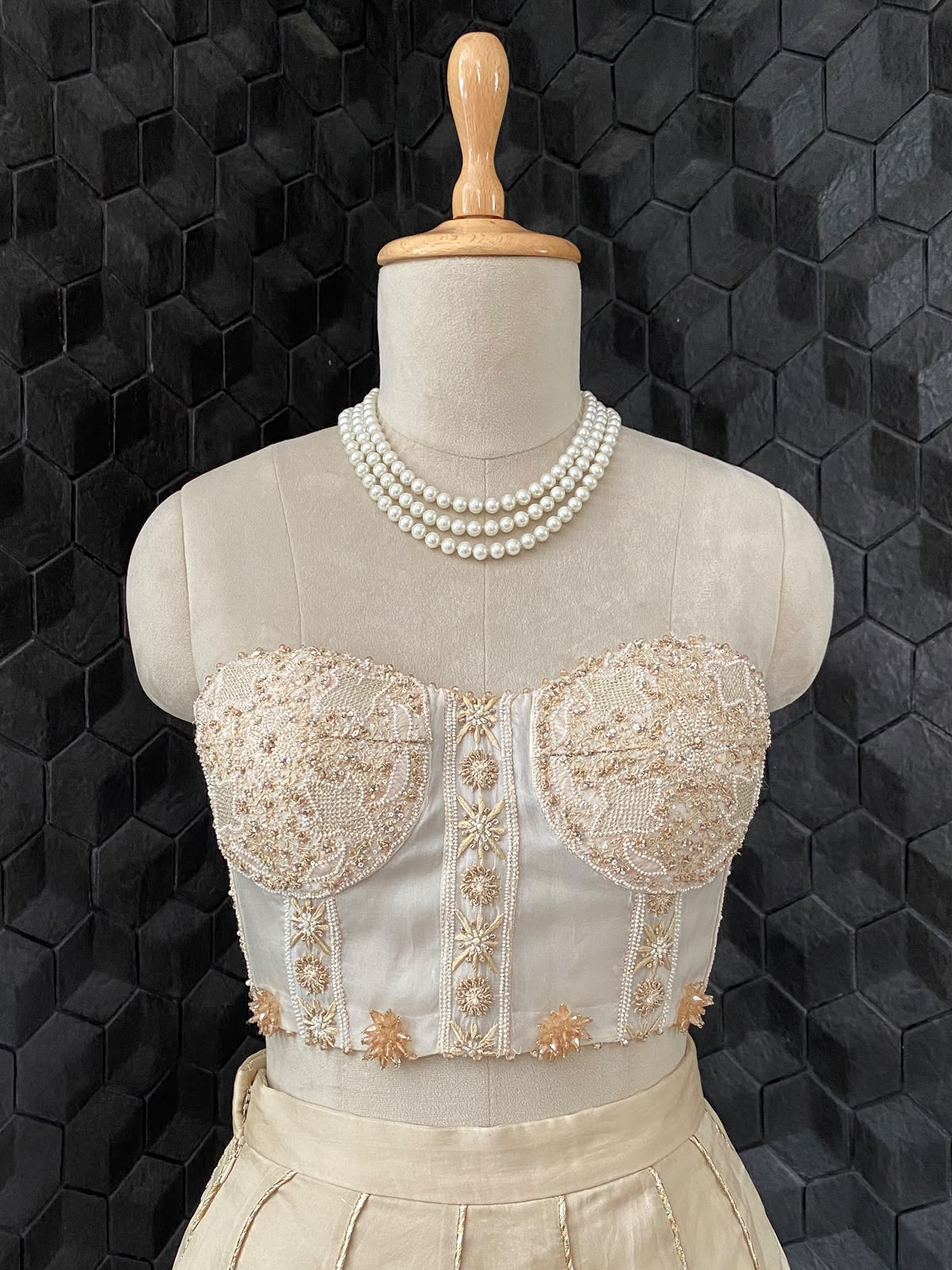 Ivory Chikankari Bustier With Beige Organza Skirt