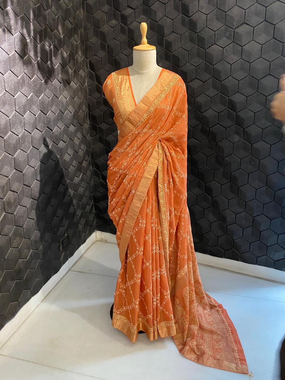 Rust Orange chikankari saree