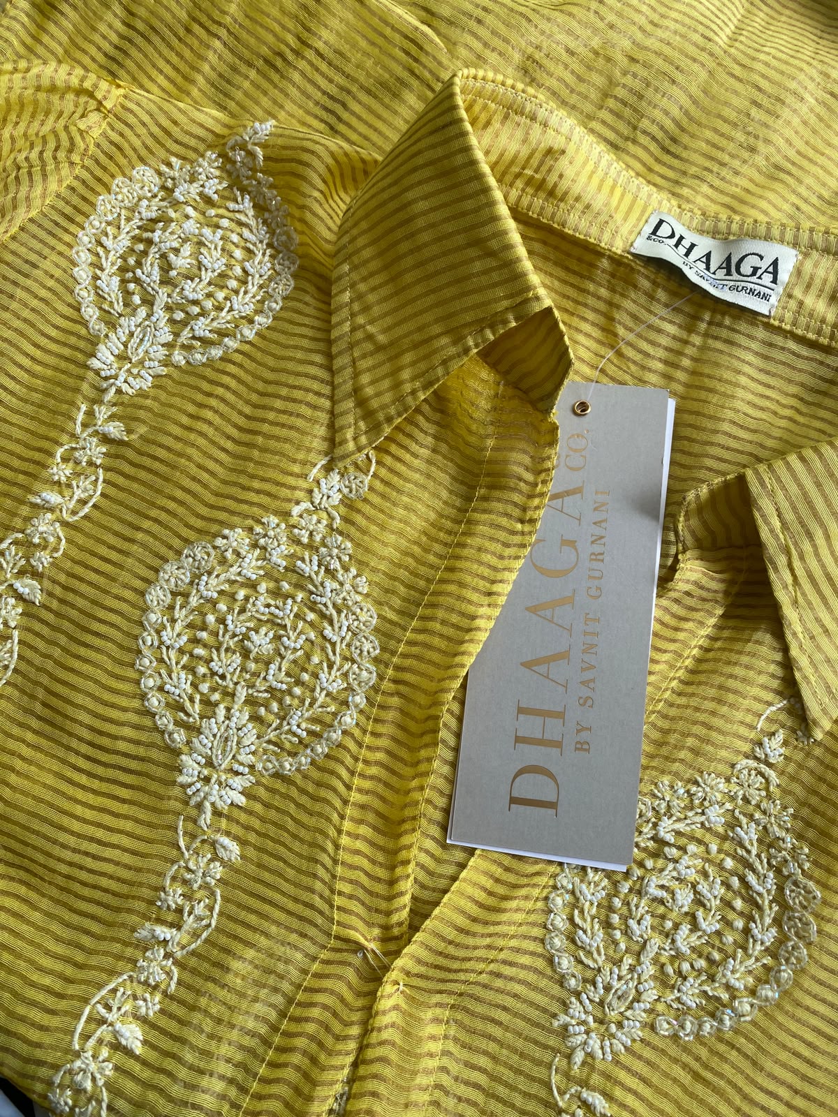 Yellow stribed tissue chikankari shirt
