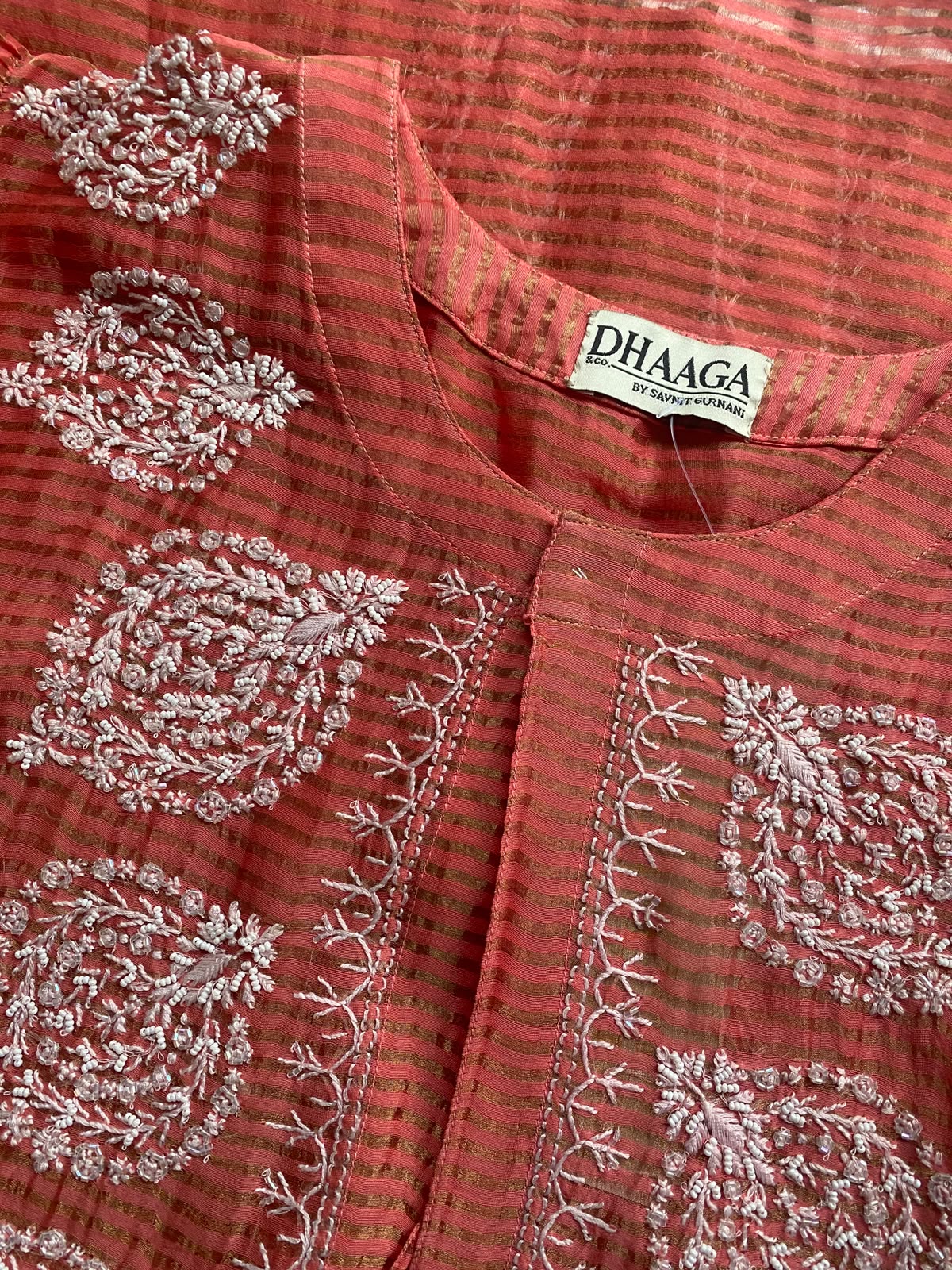 Fuschia Pink striped tissue chikankari shirt