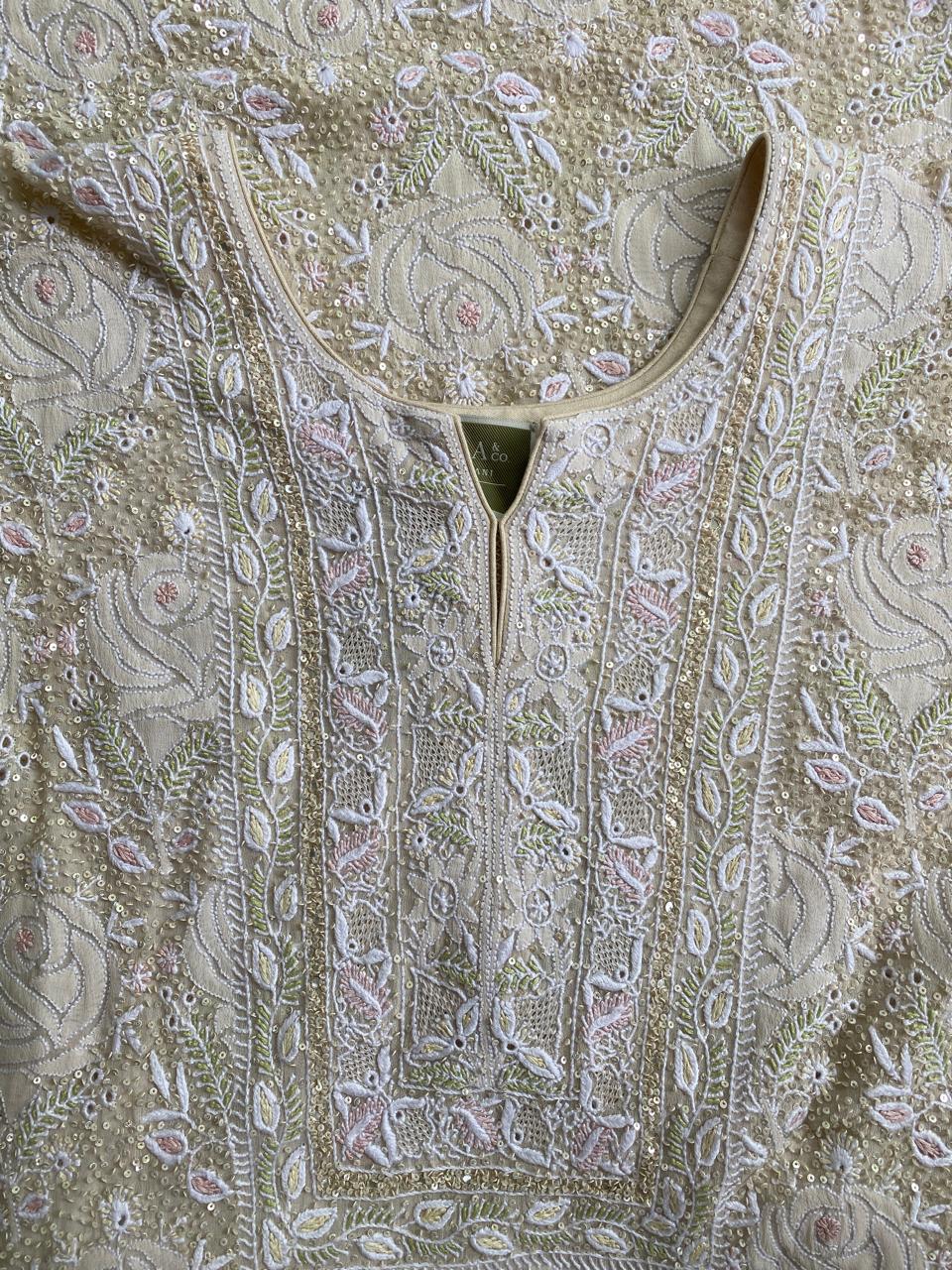 ivory georgette full jaal chikankari kurta set