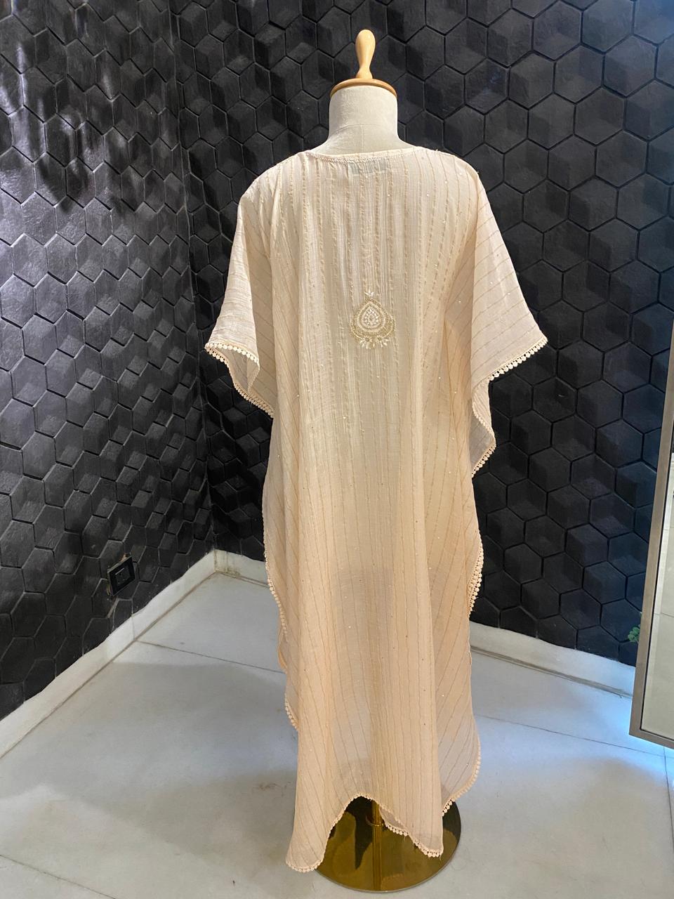 Beige Striped Mul Chanderi Chikankari Kaftan