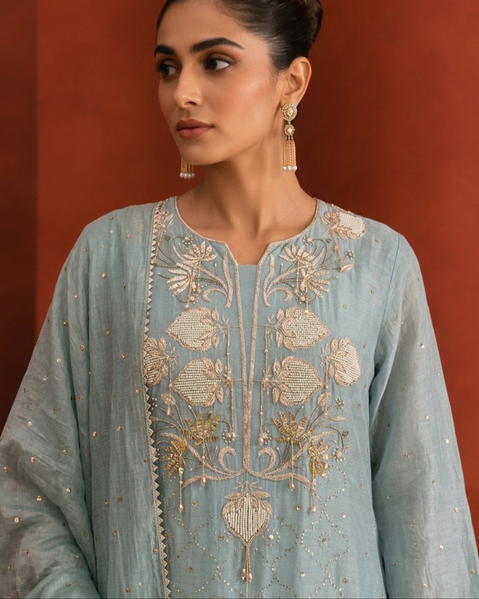 Teal Green Golden Tissue Mukaish and Kamdani Kurta Set