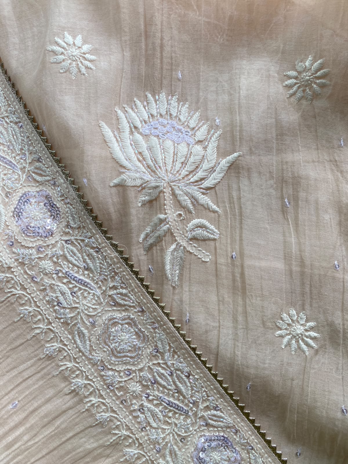 Peach Mul Chanderi Chikankari kurta set
