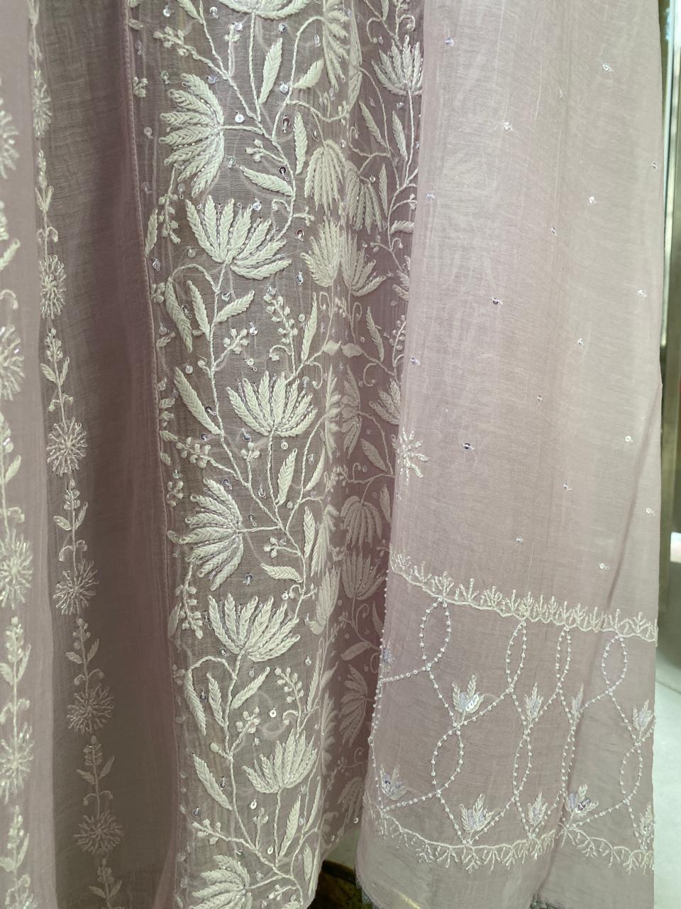 Lilac Panel Lotus Chikankari Mul Chanderi A-Line Kurta Set