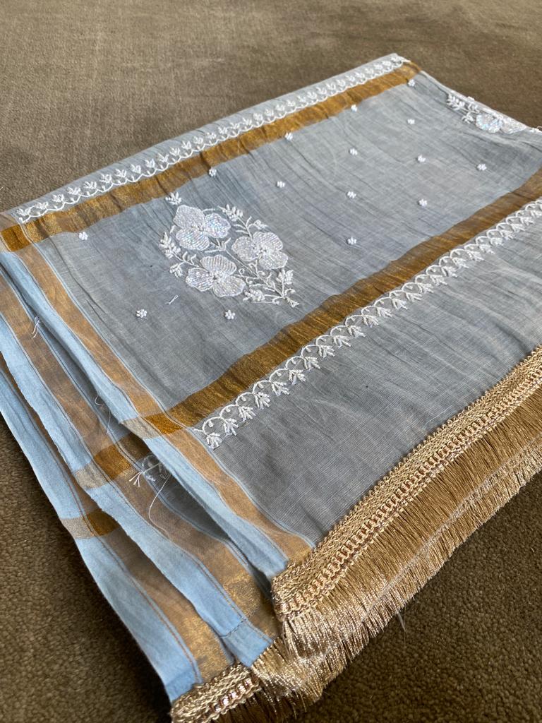 Grey Tissue Chikankari Anarkali Set