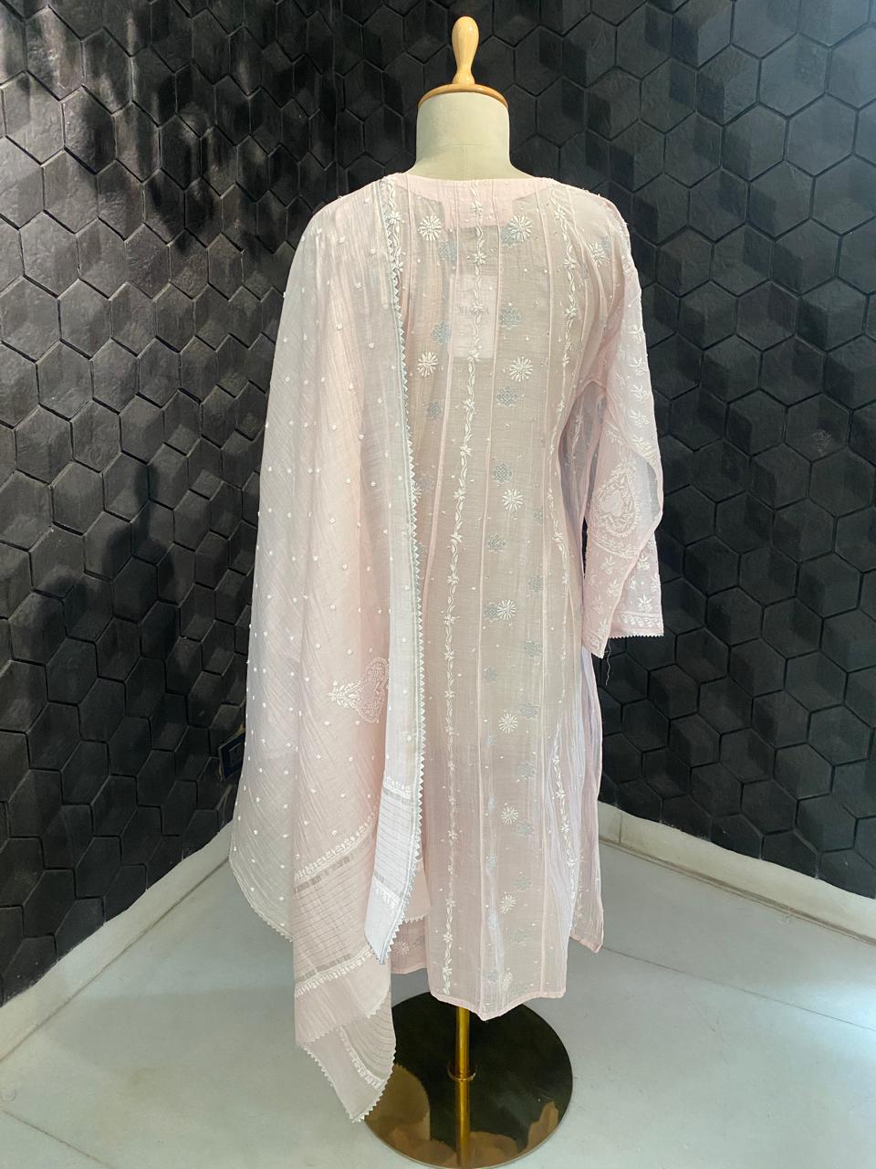 pink zari booti in mul chanderi chikankari anarkali kurta set