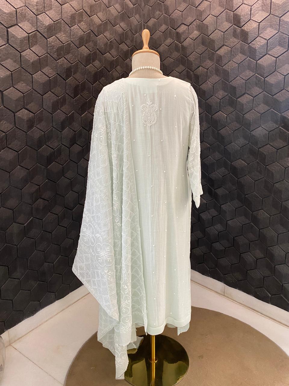 Sea Green Mul Chanderi Chikankari Kurta Set