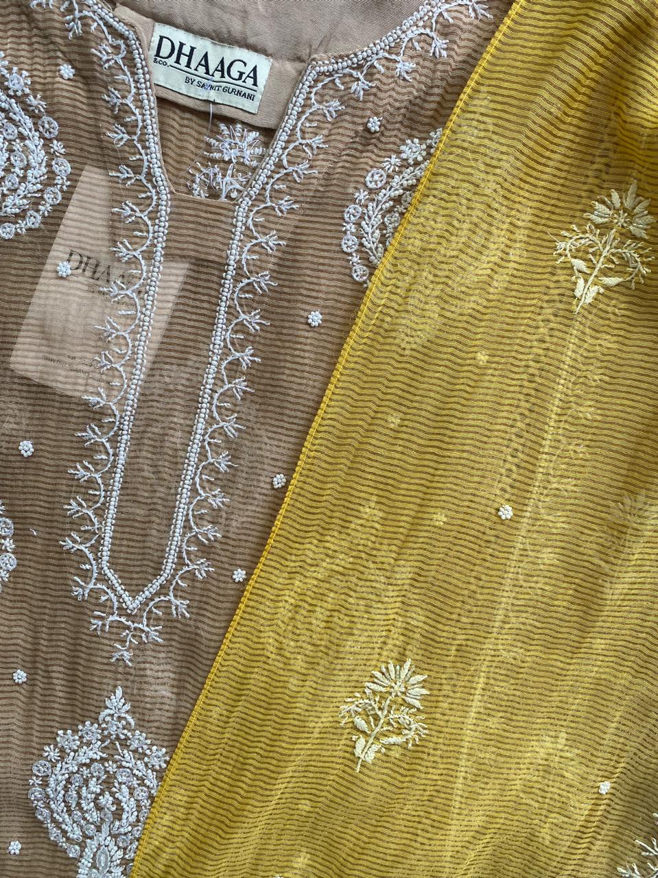 Natural Strip Tissue Chikankari Kurta Set