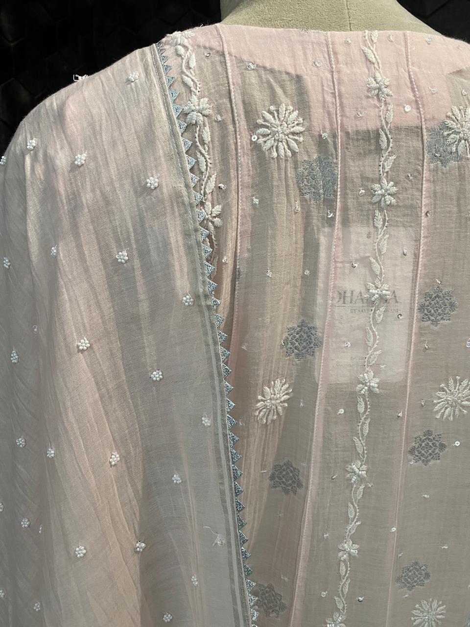 pink zari booti in mul chanderi chikankari anarkali kurta set