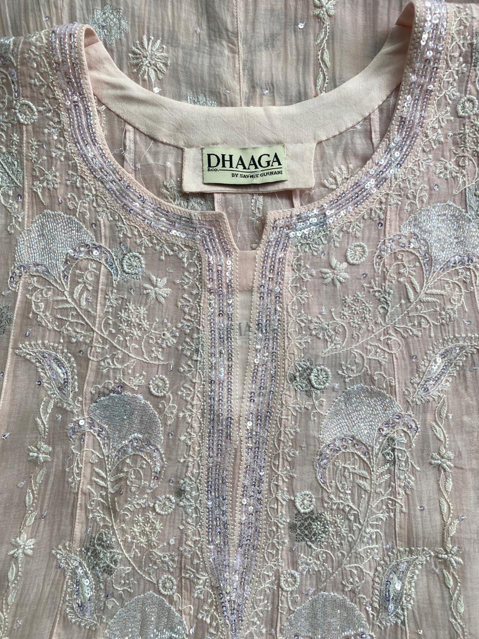 pink zari booti in mul chanderi chikankari anarkali kurta set