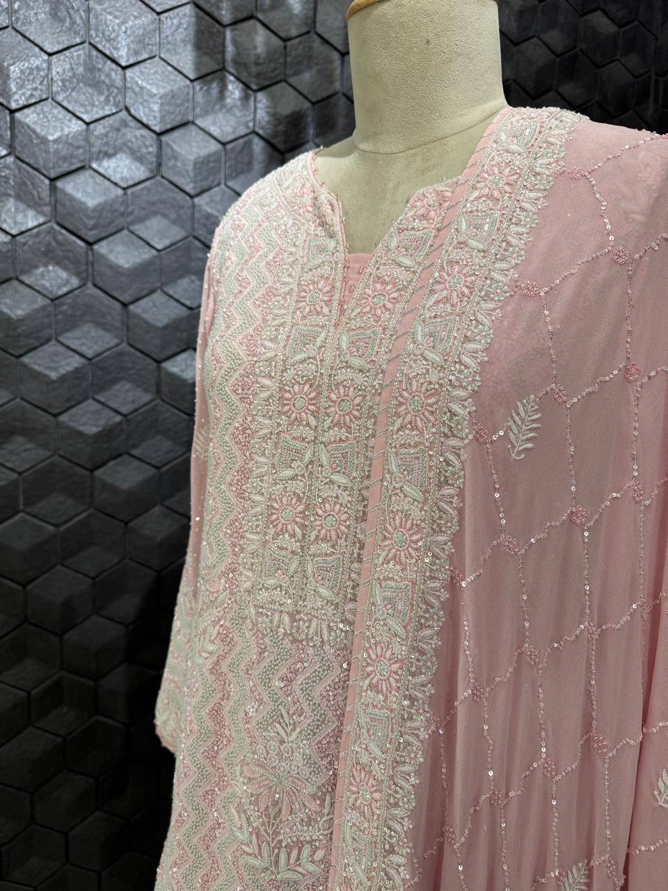 Pink Multi- Sequins Georgette Sharara Set