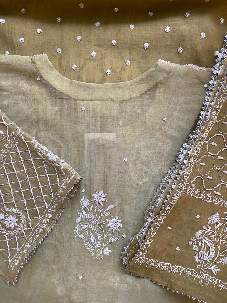 olive green ombre Mul Chanderi Chikankari Kurta Set