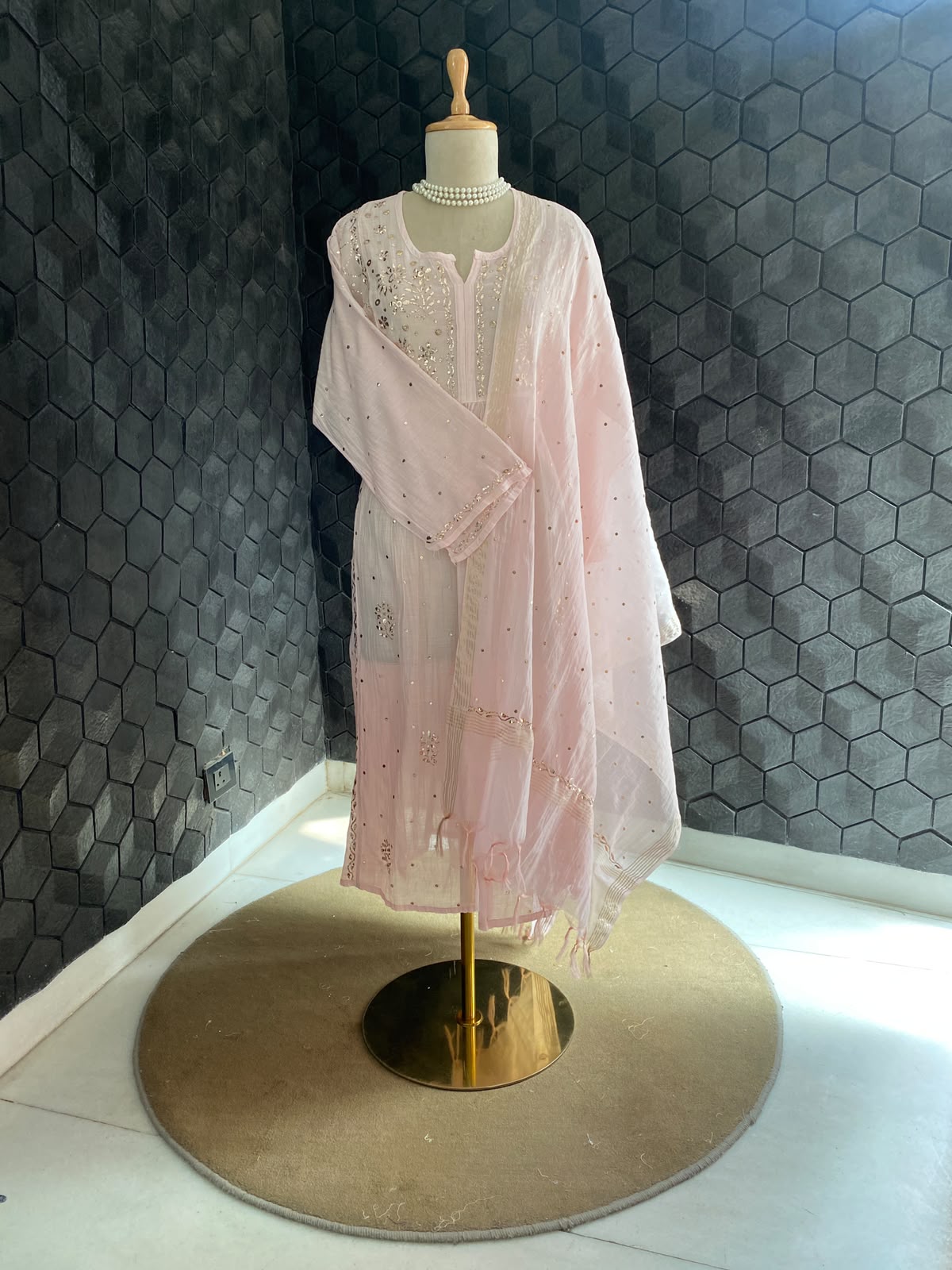 Baby Pink Mul Chanderi Mukaish kurta set