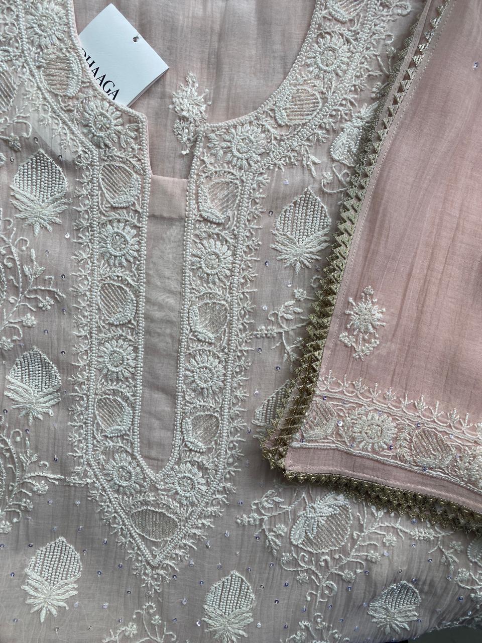 pink mul chanderi full jaal chikankari kurta set