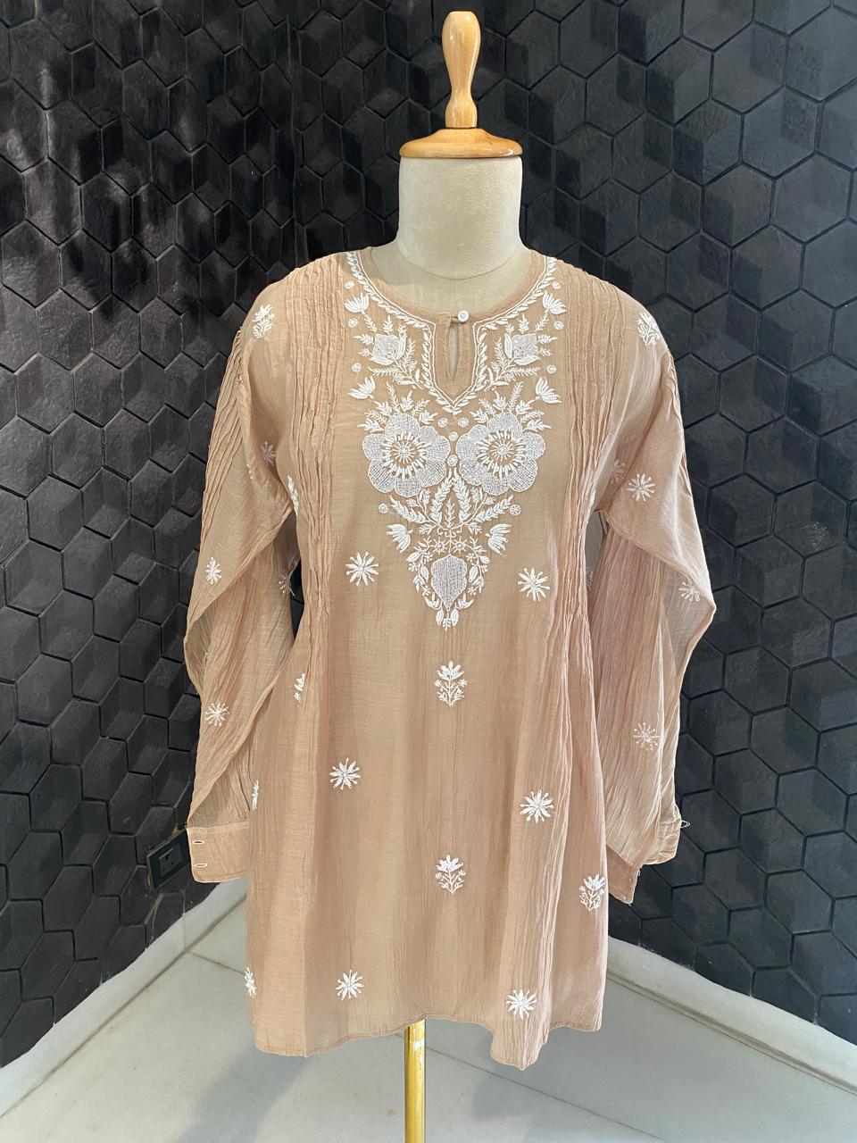 brown mul chanderi chikankari co-ord set