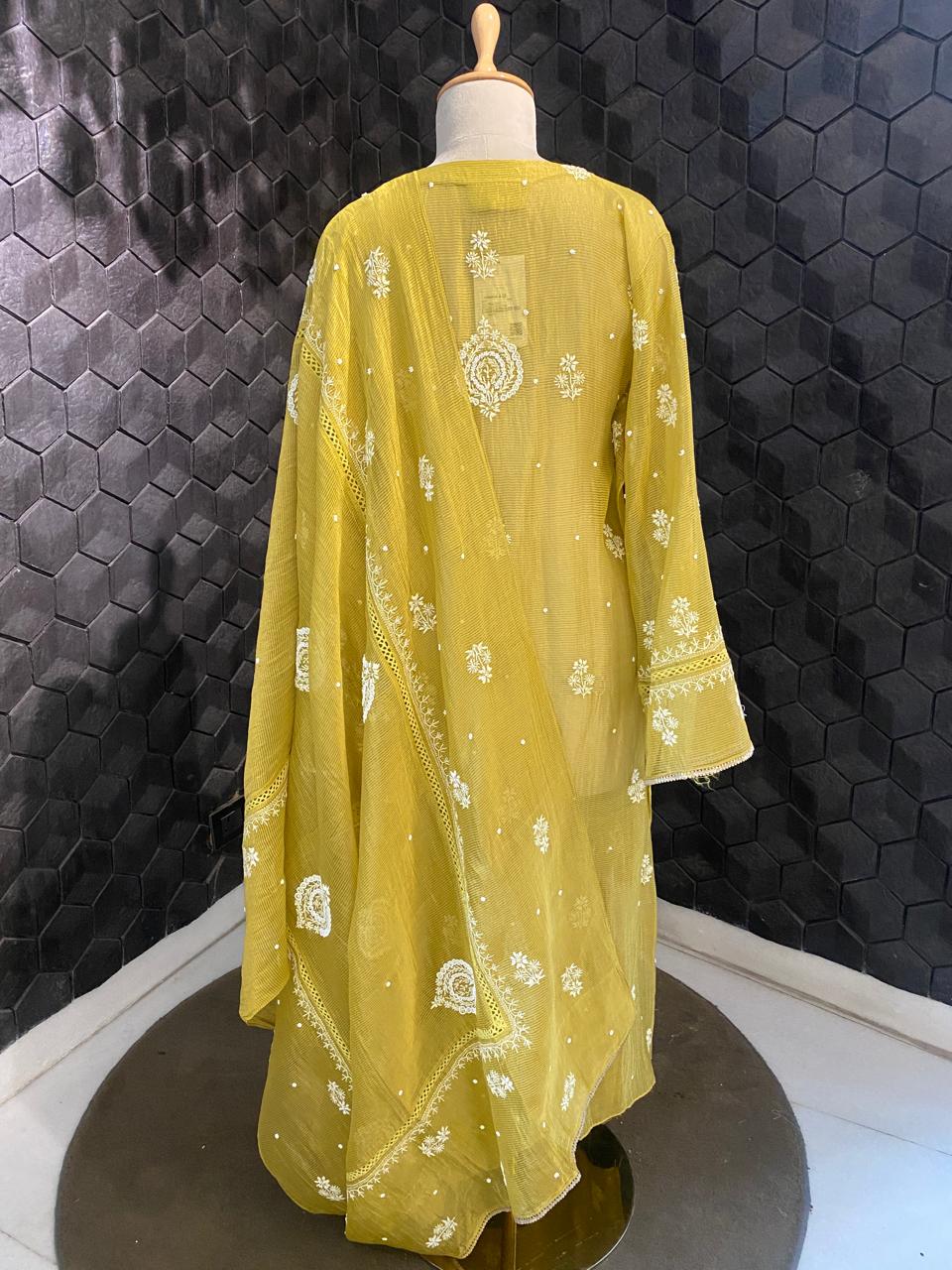 Natural Striped Tissue Chikankari Kurta Set
