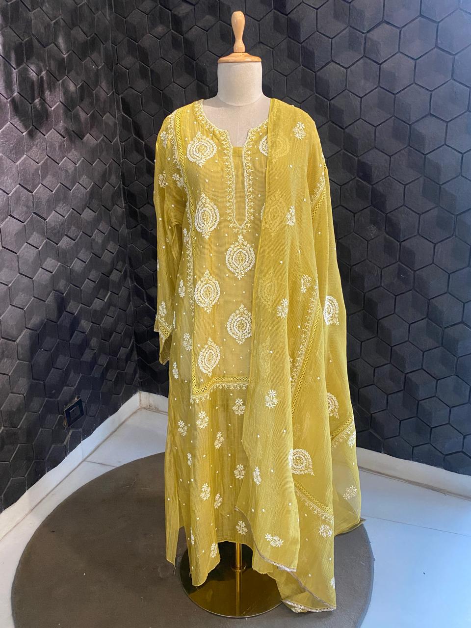 Natural Striped Tissue Chikankari Kurta Set