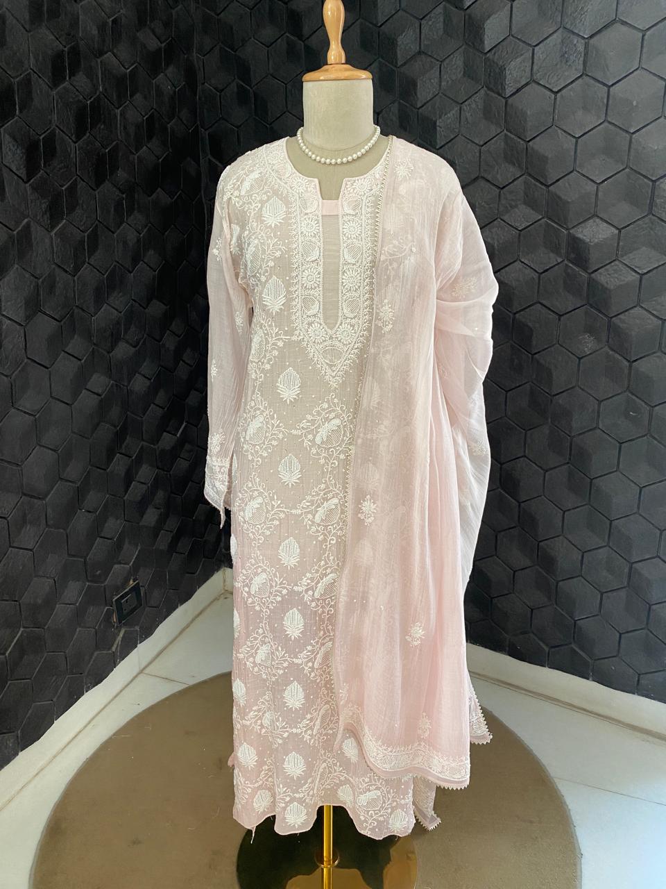 pink mul chanderi full jaal chikankari kurta set
