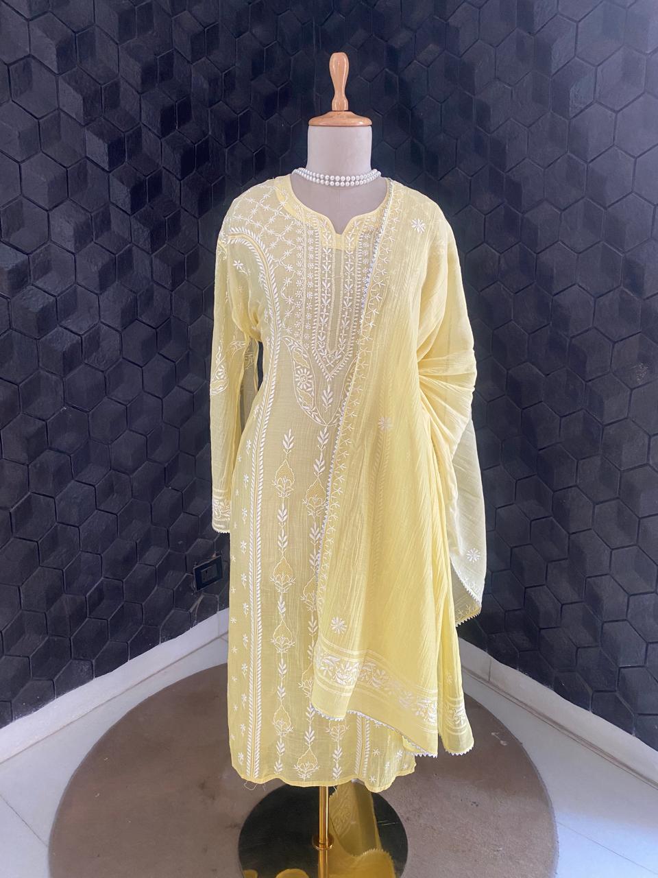 Yellow Mul Chanderi Chikankari Kurta Set