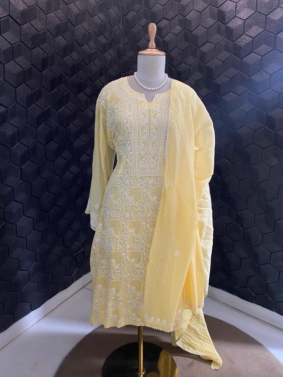 yellow Mul Chanderi Chikankari Kurta Set