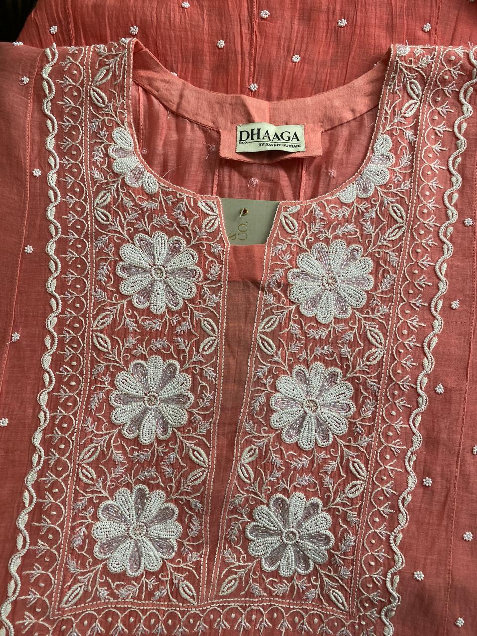coral Pink mul chanderi chikankari kurta set