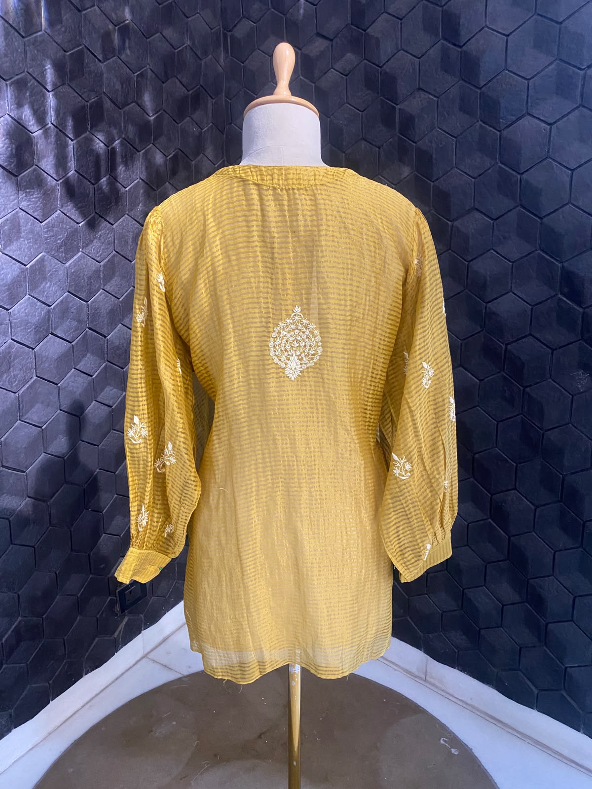 Musterd Yellow striped tissue chikankari shirt