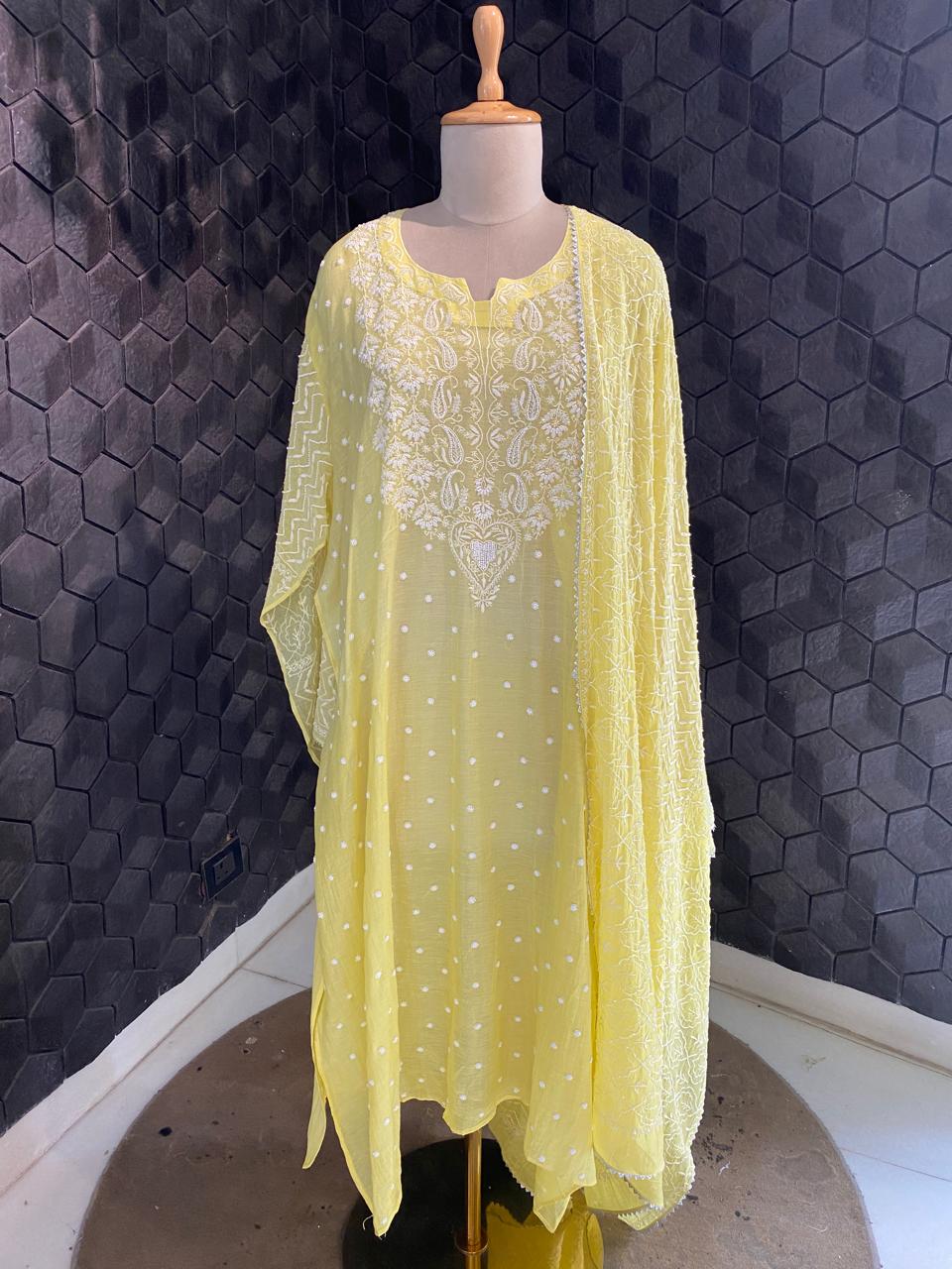 yellow mul chanderi chikankari kurta set