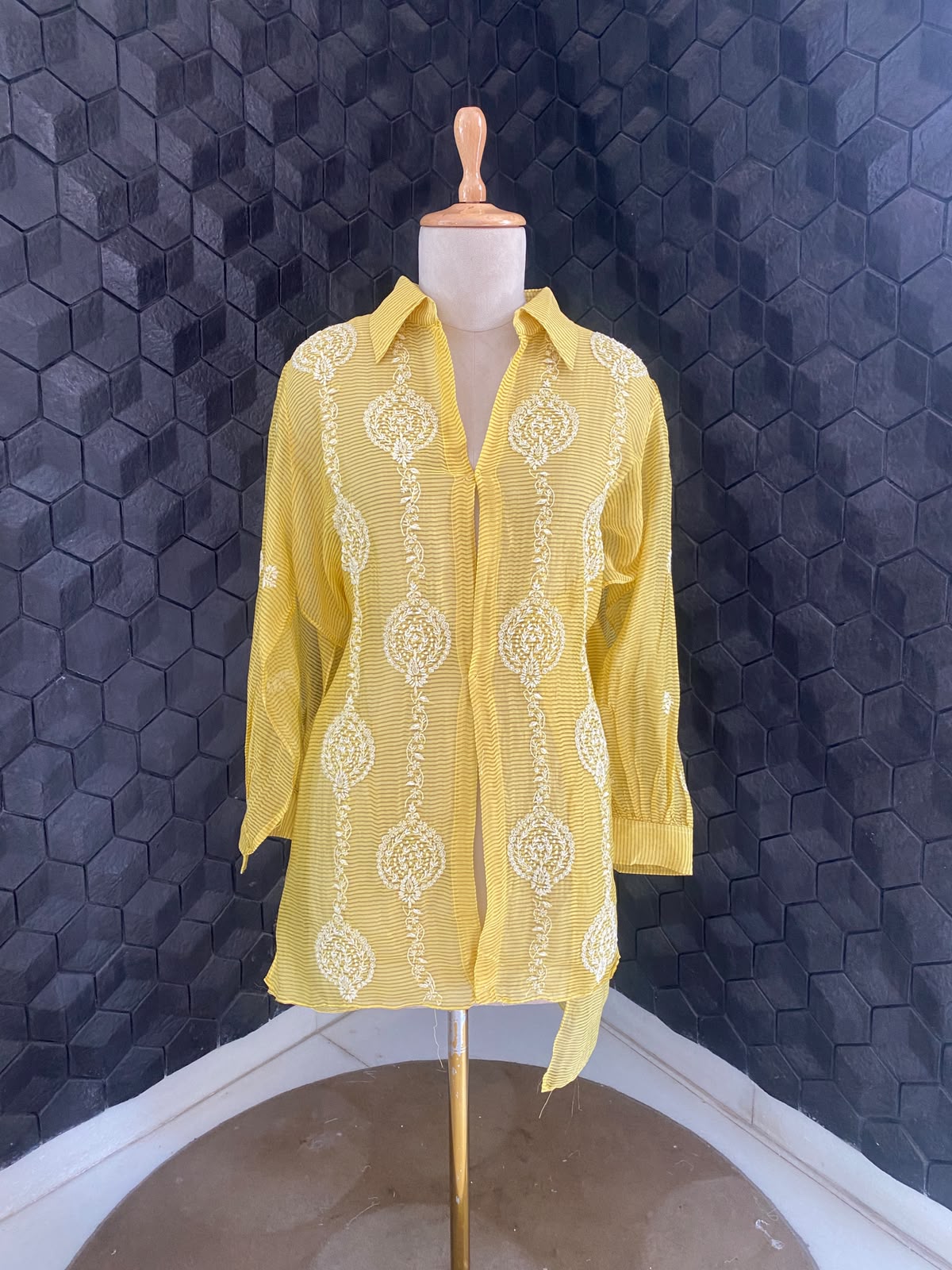 Yellow stribed tissue chikankari shirt