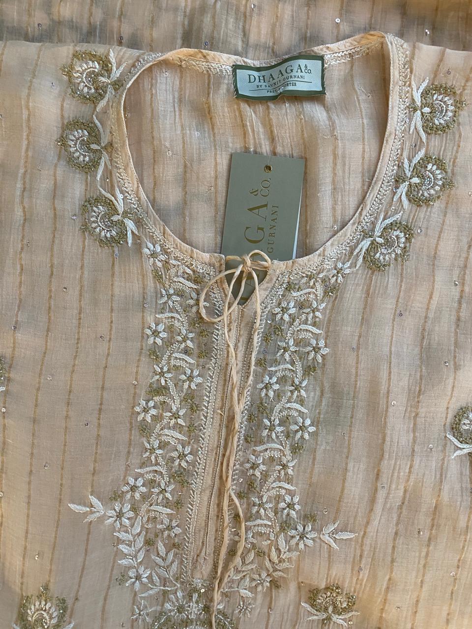 Beige Striped Mul Chanderi Chikankari Kaftan