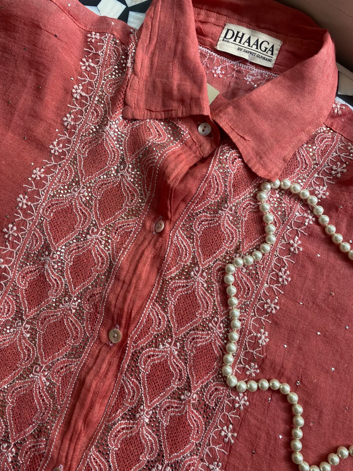 fuschia pink Golden tissue chikankari shirt
