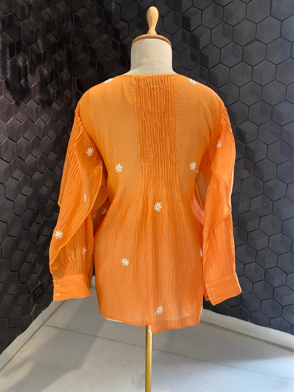 Orange mul chanderi chikankari co-ord set