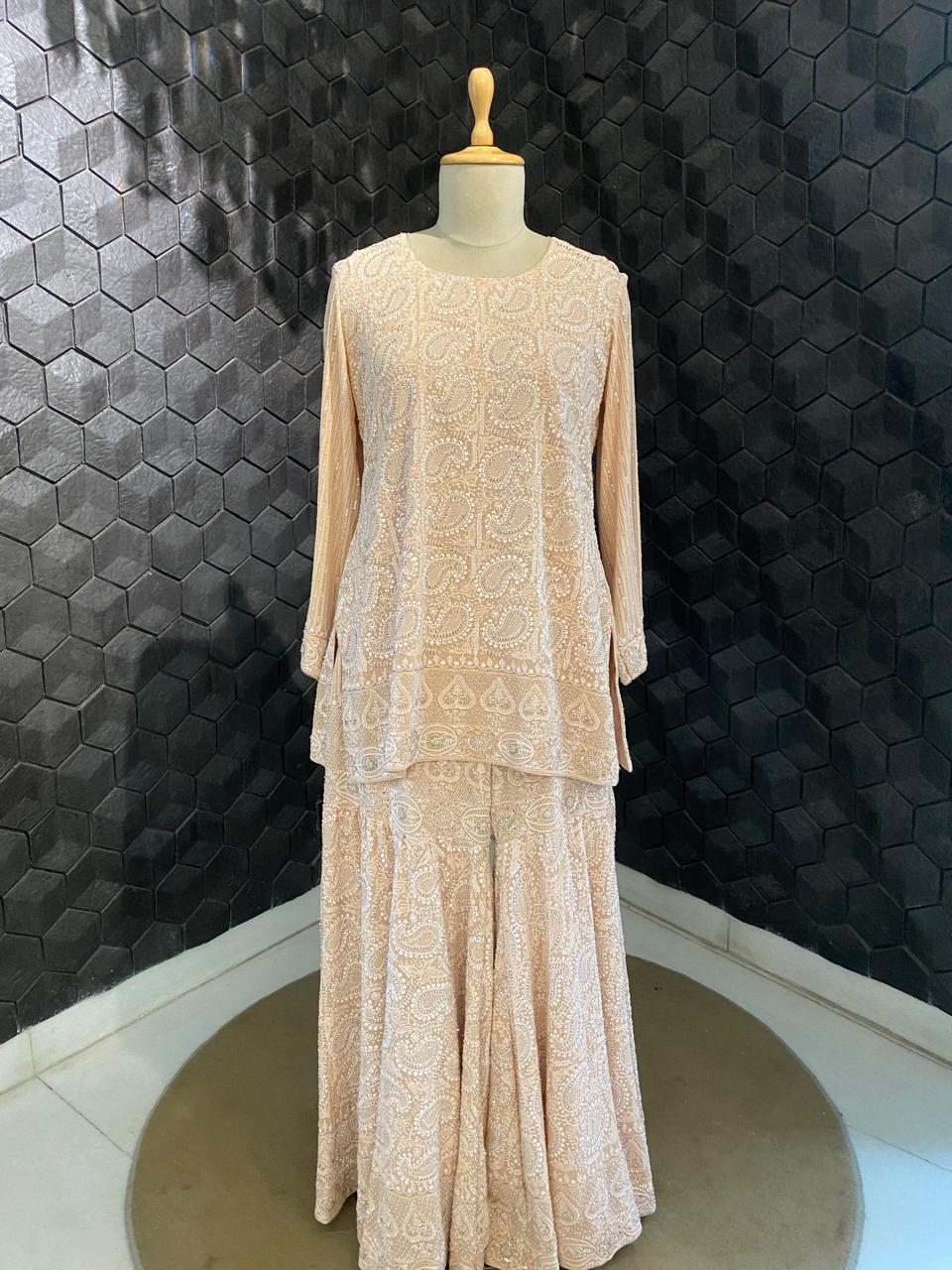 Peach Georgette Chikankari Sharara Set With Paisley Jaal