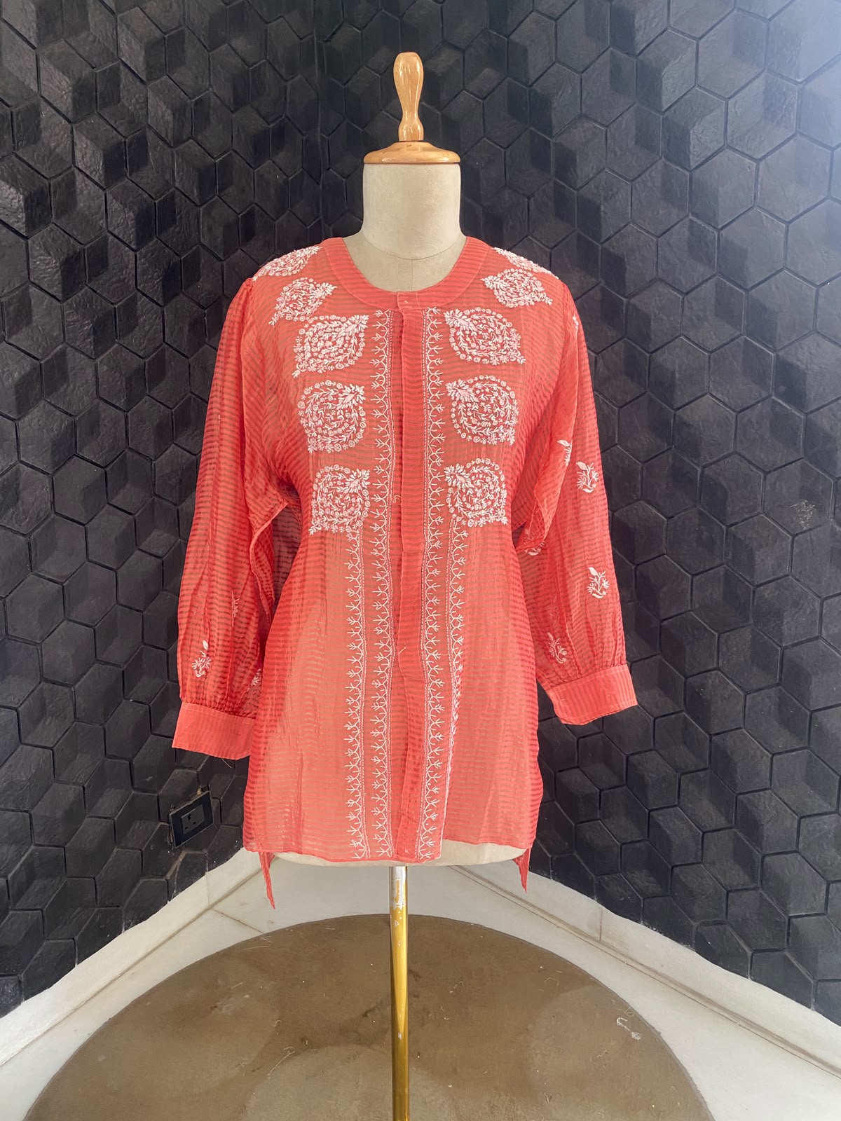 Fuschia Pink striped tissue chikankari shirt
