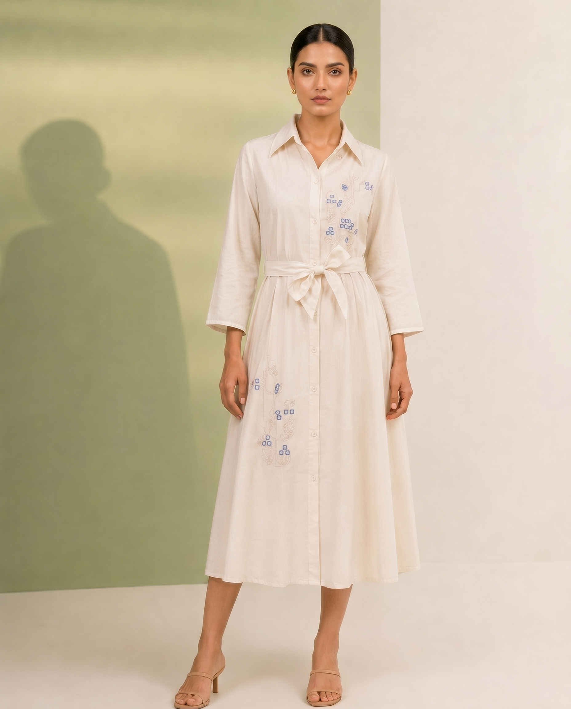 Chanderi Chikankari Shirt Dress with Contemporary Motifts